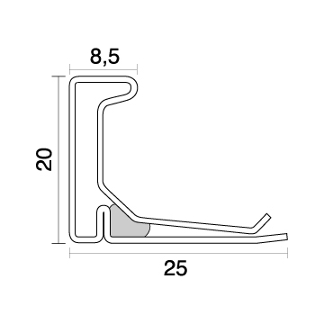 Profilo a flangia da 20 mm. in acciaio zincato spessore 8/10 di mm. con guarnizione di tenuta